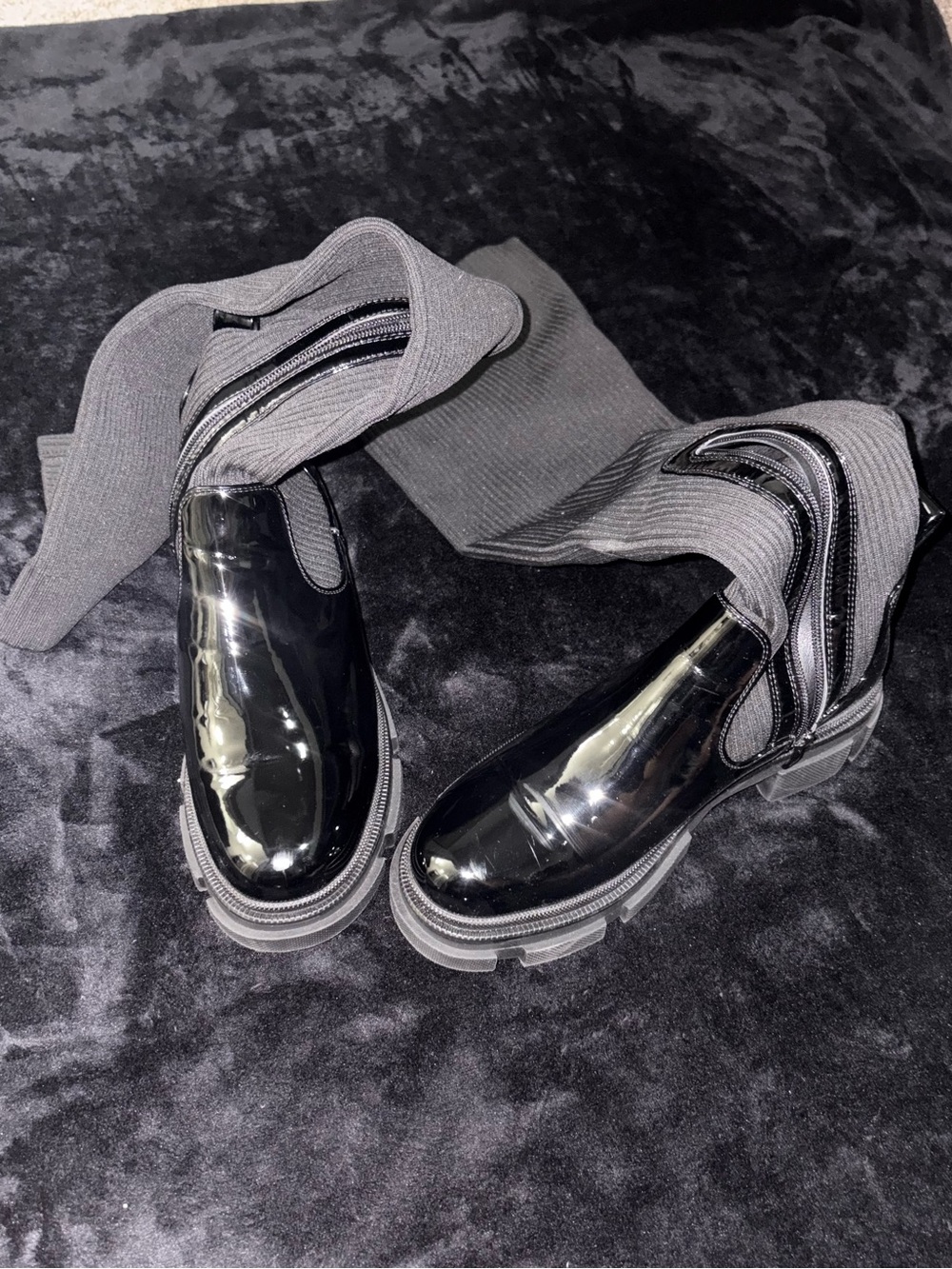 Patent Black Sock Ankle Boots with Chunky Sole